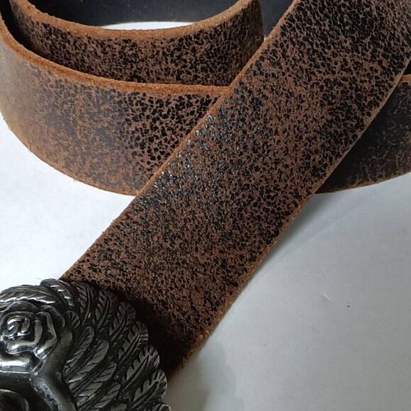 Riverland Island Men's Real Leather Rose Winged Skull Belt Medium - Picture 3 of 5